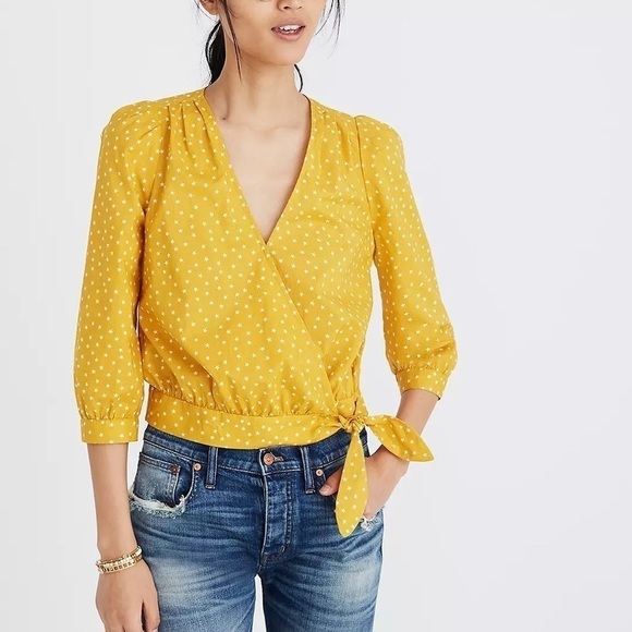 Madewell Star Scatter Wrap Top w/ Tie Golden Yellow Cropped Size Medium - Picture 1 of 15